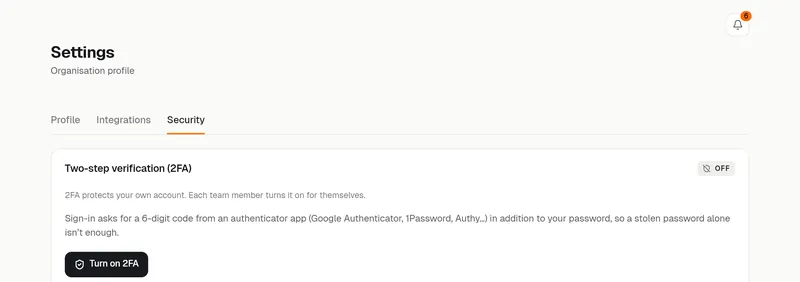 Settings, Security: two-step verification is off, with the button to turn it on