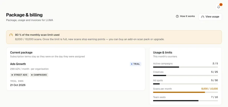 Package & billing: current package, trial and limits