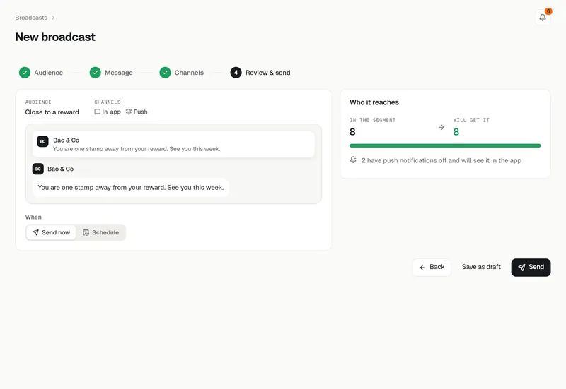 Broadcast, Channels step: in-app message and push
