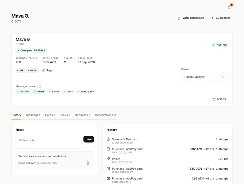 Customer profile: business points, purchases, consents, history and notes
