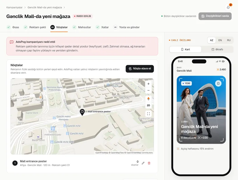 Nöqtələr addımı: xəritədə reklamın asıldığı yer