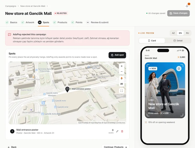 Spots step: the ad's location on the map