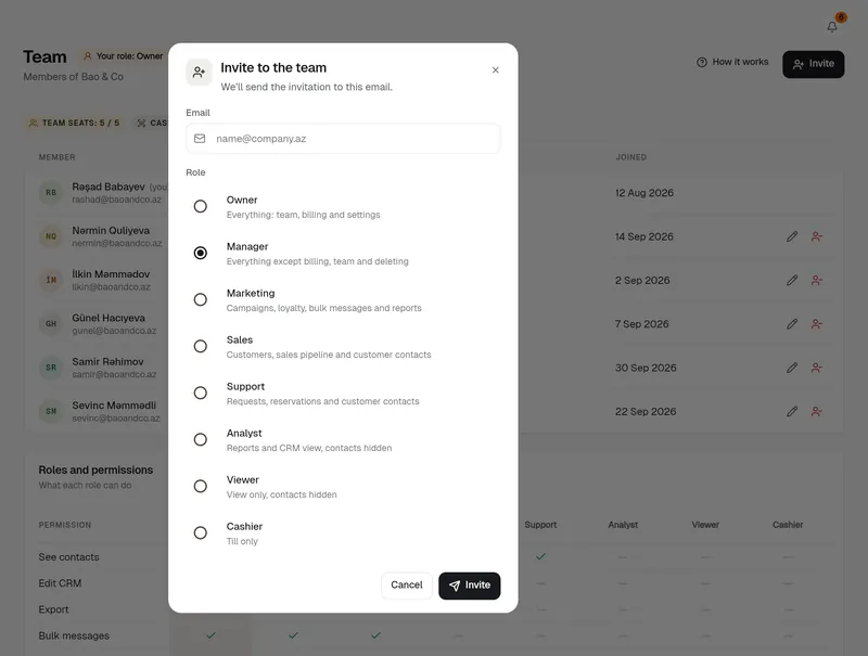 Invite to the team dialog: email and role