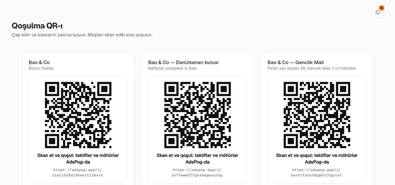 Qoşulma QR-ı: bütün filiallar və hər filial üçün ayrıca kod
