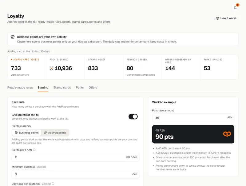 Loyalty, Earning: points currency, points per 1 AZN, minimum and daily cap, with an example