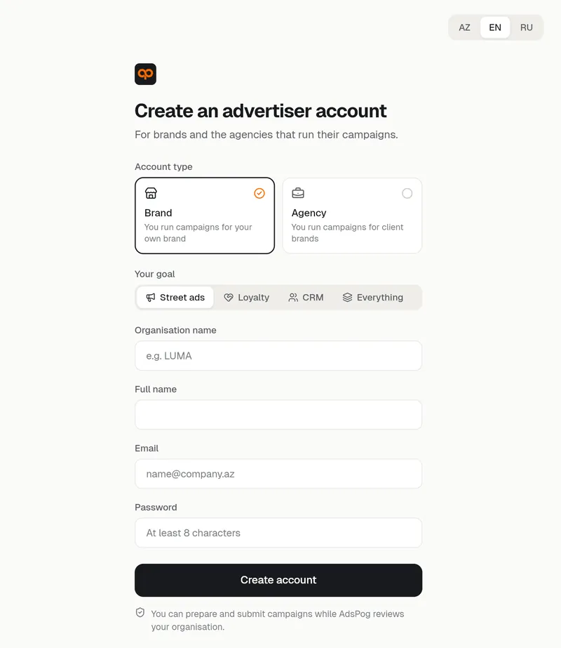 Sign-up form: account type, goal, organisation name, name, email and password