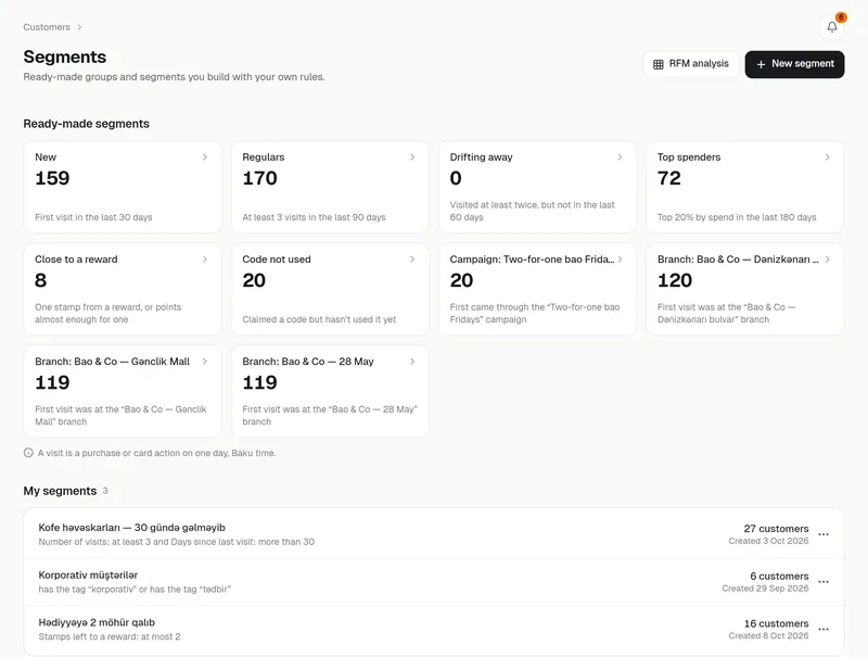 Segments: ready-made groups with customer counts, and your own segments
