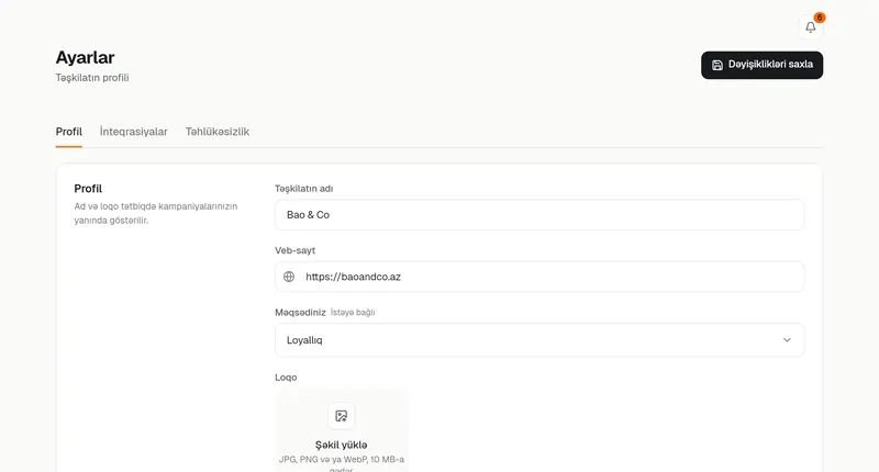 Ayarlar, Profil: təşkilatın adı, veb-sayt, məqsəd, loqo və status