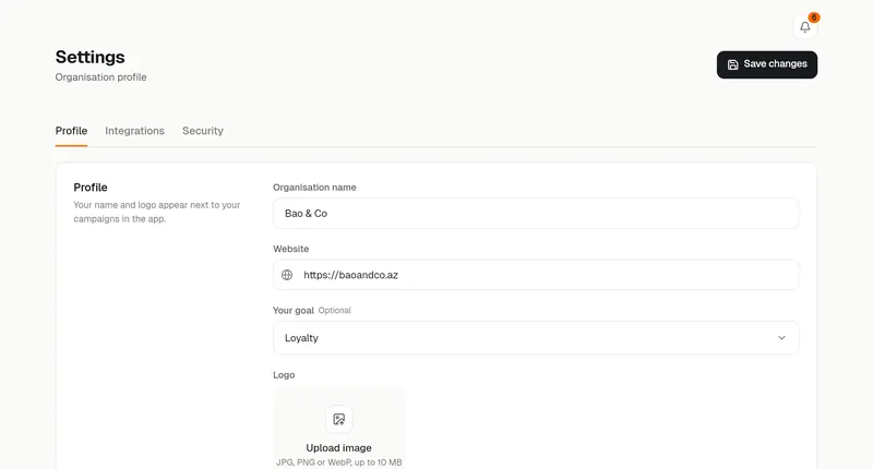 Settings, Profile: organisation name, website, goal, logo and status