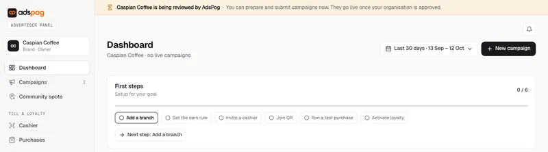The First steps card on the dashboard: six loyalty steps