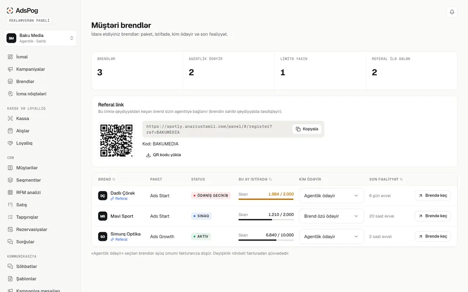 Agentlik: müştəri brendləri, paketlər, skan istifadəsi və referal link