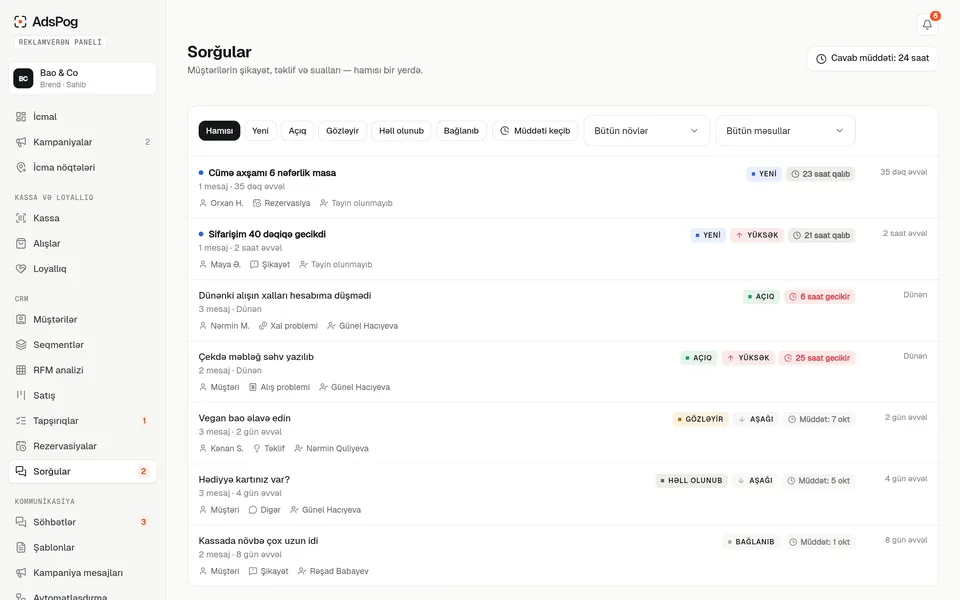Sorğular: şikayət və təkliflər, məsul şəxs, status və SLA